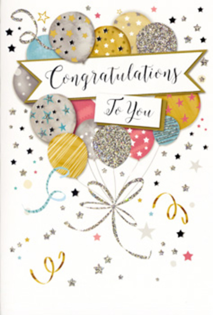 This detailed illustration of a congratulations card feels like a framed moment of celebration, the kind of design you might carefully choose in a Keston florist when words alone don't seem enough. A lavish cluster of balloons fills the centre of the card, each balloon softly rounded and tinted in a palette of champagne, rose pink, soft blue, warm gold, and brushed silver. Metallic accents outline their shapes and add subtle patterns-tiny stars, slender stripes, and delicate dots-suggesting that the surface of the printed card would have a slightly raised, textured feel beneath your fingertips. The balloons are layered one behind the other, creating depth like a bouquet of helium balloons just gathered on Keston Park's edge before a party. Floating among them are scattered metallic stars and small sparkles that seem to shimmer against a gentle, creamy background, giving the impression of confetti catching late-afternoon light. Fine, flowing ribbons in gold and silver trail from the base of the balloon bundle, looping and curling with an effortless grace, reminiscent of the finishing touches on a thoughtfully wrapped floral gift. Across the middle of the scene, an elegant banner stretches in a gentle arc, bearing the message Congratulations To You in stylish, sweeping script. The overall composition is both festive and composed, balancing joyful energy with refined understatement. It evokes proud family gatherings, exam celebrations, and promotions toasted in local Keston pubs, making it the ideal card image to accompany congratulatory flowers delivered throughout Keston, Bromley, and nearby villages for any cherished milestone.