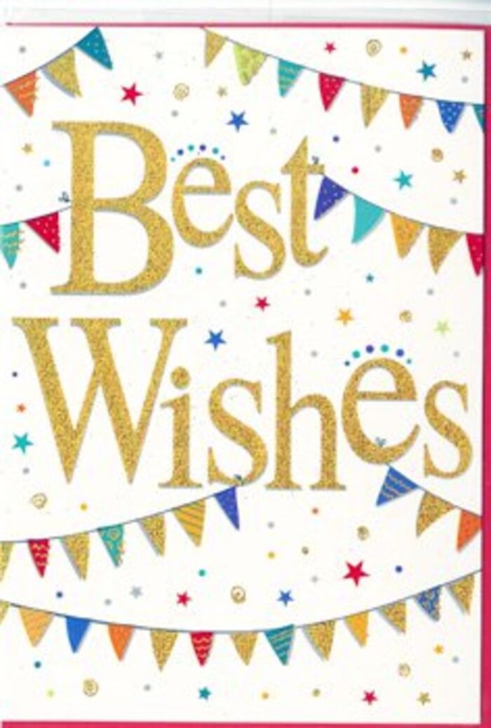 In this congratulations card, the joy of a special moment is distilled into a single, uplifting design that would feel perfectly at home tucked into a bouquet arriving at a doorstep in Keston. At the heart of the card, the phrase Best Wishes is embossed in lustrous golden lettering, the script flowing smoothly across the centre like handwriting carefully penned for someone you truly care about. The gold finish has a soft, glittering sheen that catches the light at different angles, bringing depth and a hint of glamour without overwhelming the eye. Surrounding the words, arcs of bunting sweep across the top and bottom portions of the card, reminiscent of colourful decorations strung between houses on a quiet lane near Keston Park for a neighbourhood celebration. Each triangular flag is painted in bright, gem-like tones-cobalt blue, crimson, emerald, canary yellow-with small patterns, touches of shimmer, and subtle variations that give them character, as if lovingly crafted one by one. Between these garlands, tiny stars and dots dance lightly across the crisp white background, scattered as though thrown like confetti at the exact moment someone announces wonderful news. The white space allows the colour and gold to breathe, giving the design a clean, contemporary feel while still nodding to traditional party decorations. Everything in the composition suggests a warm, genuine wish for someone setting off on a new path-whether that's starting a course, celebrating a promotion in a nearby Keston business, or marking a personal achievement. The card feels versatile yet deeply heartfelt, a miniature celebration ready to accompany fresh flowers and carry your message of support and happiness.