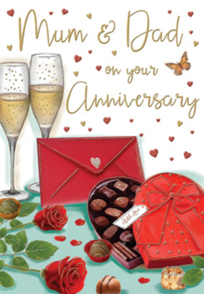 The anniversary card artwork unfolds like a romantic table setting, rendered with the kind of care you might expect from a florist and gift specialist in Keston who understands family celebrations. At the centre of the card, a small arrangement of red roses steals the eye; each bloom is deeply shaded, petals layered in velvety spirals that suggest freshly cut flowers resting just before being arranged into a hand-tied bouquet. Around them, rich green leaves provide contrast and depth, giving the scene a grounded, natural feel. Nestled alongside the roses sits an open heart-shaped box of chocolates, lined neatly with truffles in varied tones of milk and dark chocolate, each one rounded and glossy, ready to be shared. A bold red bow encircles the box, the ribbon looking smooth and satin-like, its loops full and generous. Just behind, two tall champagne flutes stand in close companionship, filled with pale golden champagne; tiny bubbles rise lazily, suggesting the hush just before a toast is made, maybe in a cosy Keston living room looking out toward the trees. The background is sprinkled with gold and crimson hearts, some softly glowing, others outlined like delicate sketches, adding movement and a sense of lightness. Delicate lettering for Mum & Dad arches gently above the scene, giving the card a specifically family-focused, affectionate touch. A red envelope rests at the edge of the composition, slightly angled, hinting at a handwritten anniversary message tucked inside. The overall impression is one of warmth, indulgence, and steady love, beautifully capturing the essence of an intimate parental anniversary celebration.