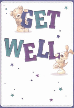 A delightful tableau unfolds on this get well card, perfectly suited to the caring spirit found along Keston's charming lanes. Centered amid a sea of scattered stars are two friendly companions: a plush teddy bear gently clasping the top of the word 'GET,' and an affectionate puppy nuzzling the 'WELL' below. Their cuddly forms and expressive, shining faces exude emotional warmth, reminiscent of a loving visit with a fresh bouquet delivered by Flowers Keston to brighten someone's recovery. The bold letters, brushed with rich purples and teals, leap confidently from the crisp, white backdrop-a palette that conjures glimpses of blooming irises and crocuses seen in local gardens. Each brushstroke seems purposeful and tender, the textures almost tangible-the bear's fur soft as down, the puppy's ears velvety and inviting. Golden stars twinkle playfully across the scene, hinting at hope and the gentle magic of well wishes gathering strength. The composition feels both serene and lively, much like the bouquets thoughtfully assembled in Keston's florists, each detail included for its power to inspire comfort and encouragement. This card carries not only a message, but the essence of heartfelt support, ready to reassure a loved one with warmth and light.