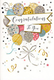 The artwork on this congratulations card radiates a gentle, uplifting joy, as if a little celebration is floating above the rooftops of Keston Village. At its heart, a generous bouquet of illustrated balloons rises together, each balloon unique yet harmoniously blended in soft gold, satin silver, champagne cream, sky blue, blush pink, and pale grey. Metallic lines trace their curves and add fine detail-star motifs, slender stripes, and glitter-like speckles-which appear to shimmer against a pale, almost cloud-like background. The balloons overlap in layers, some slightly in front, others receding, creating the sense that they are drifting upward on a calm breeze that might roll across Keston Common on a sunny afternoon. From their bases, slim ribbons in gold and silver tumble downward, crossing and looping with the easy movement of real party streamers. Around the cluster, scattered stars, dots, and tiny bursts of sparkle dance in the air, suggesting confetti fluttering down after a joyful surprise. A graceful banner glides through the centre, carrying the words Congratulations To You in a flowing script that feels warm and sincere rather than formal or stiff. The entire composition suggests a proud, happy moment-perhaps marking a graduation, a promotion, or a special milestone quietly celebrated with loved ones close to home. It resembles the ideal card to tuck beside a hand-tied bouquet from Flowers Keston, ready to be delivered across the local area to share heartfelt congratulations in a way that feels both elegant and genuinely personal.