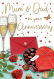 This illustrated anniversary card paints a tender, celebratory scene that feels wonderfully suited to a relaxed evening in Keston, with all the familiar comforts of home. In the foreground, a pair of rich red roses is depicted with intricate detail, their velvety petals curling outward in soft layers, surrounded by glossy green leaves that add freshness and structure. Just beside them, a heart-shaped chocolate box lies open, revealing carefully arranged chocolates, each truffle nestled in its own little compartment, shaded in warm browns that suggest smooth, indulgent sweetness. A luxurious red ribbon wraps around the box, tied into an elegant bow whose flowing tails trail across the table. Behind this inviting duo stand two slender champagne flutes, filled to a generous height with golden, effervescent champagne. The bubbles seem caught mid-rise, as if frozen at the very moment a couple is about to raise their glasses in a heartfelt toast to shared years and memories. Scattered across the card's background are tiny hearts in gold and deep crimson, drifting like confetti through the softly lit scene. Above, graceful hand-lettering spells out a dedication to Mum & Dad, clearly marking this as a tribute to enduring parental love. A scarlet envelope rests at one side, slightly overlapping the composition, hinting at a personal message penned with care, perhaps after a walk through nearby Keston Common. The warm colours, gentle light, and thoughtful details together create a mood of nostalgia, romance, and familial gratitude, making this card feel like a small, treasured celebration in itself.